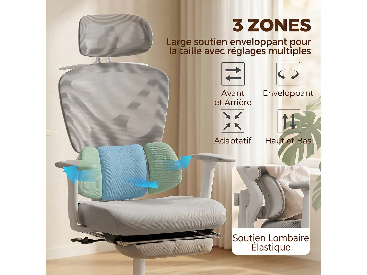 Chaise de bureau ergonomique inclinable soutien lombaire appui-tête accoudoirs 3D réglables gris