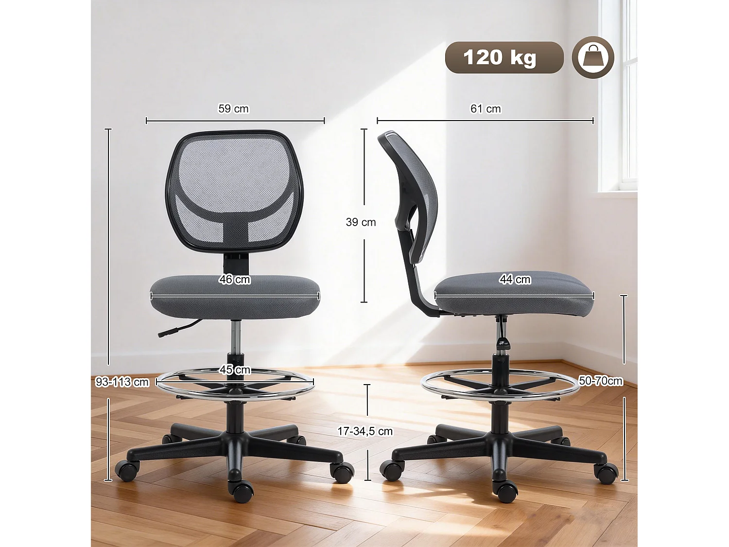 Chaise de bureau assise haute réglable dim. 59L x 61l x 93-113H cm pivotant 360° tissu maille gris