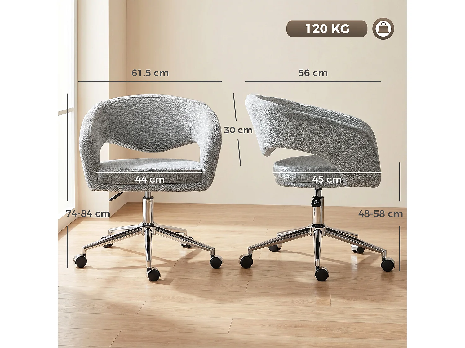Chaise de bureau design ajouré enveloppant tissu gris