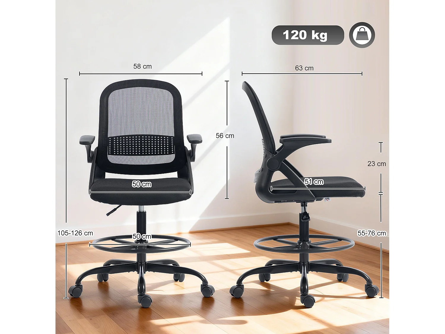 Chaise de bureau accoudoirs rabattables hauteur réglable maille noir