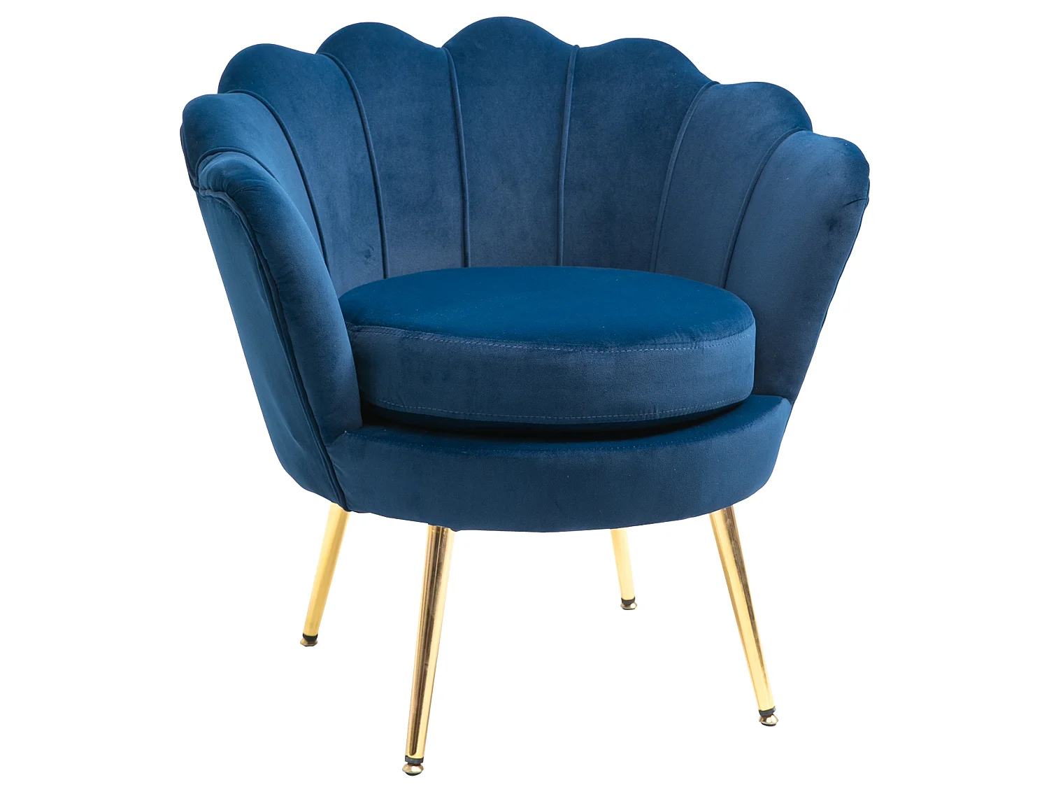 Fauteuil design coquillage pieds métal doré velours bleu foncé