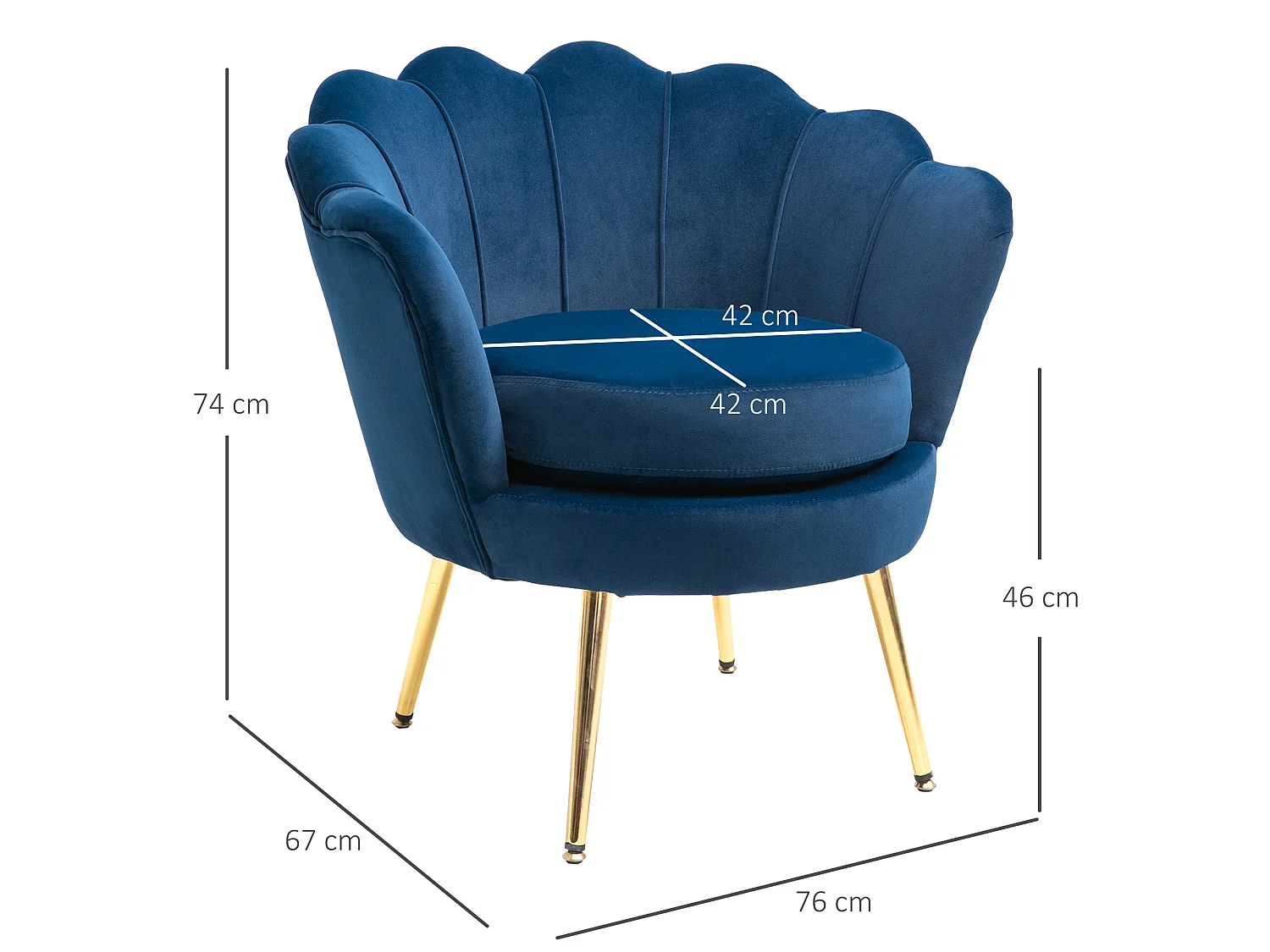 Fauteuil design coquillage pieds métal doré velours bleu foncé
