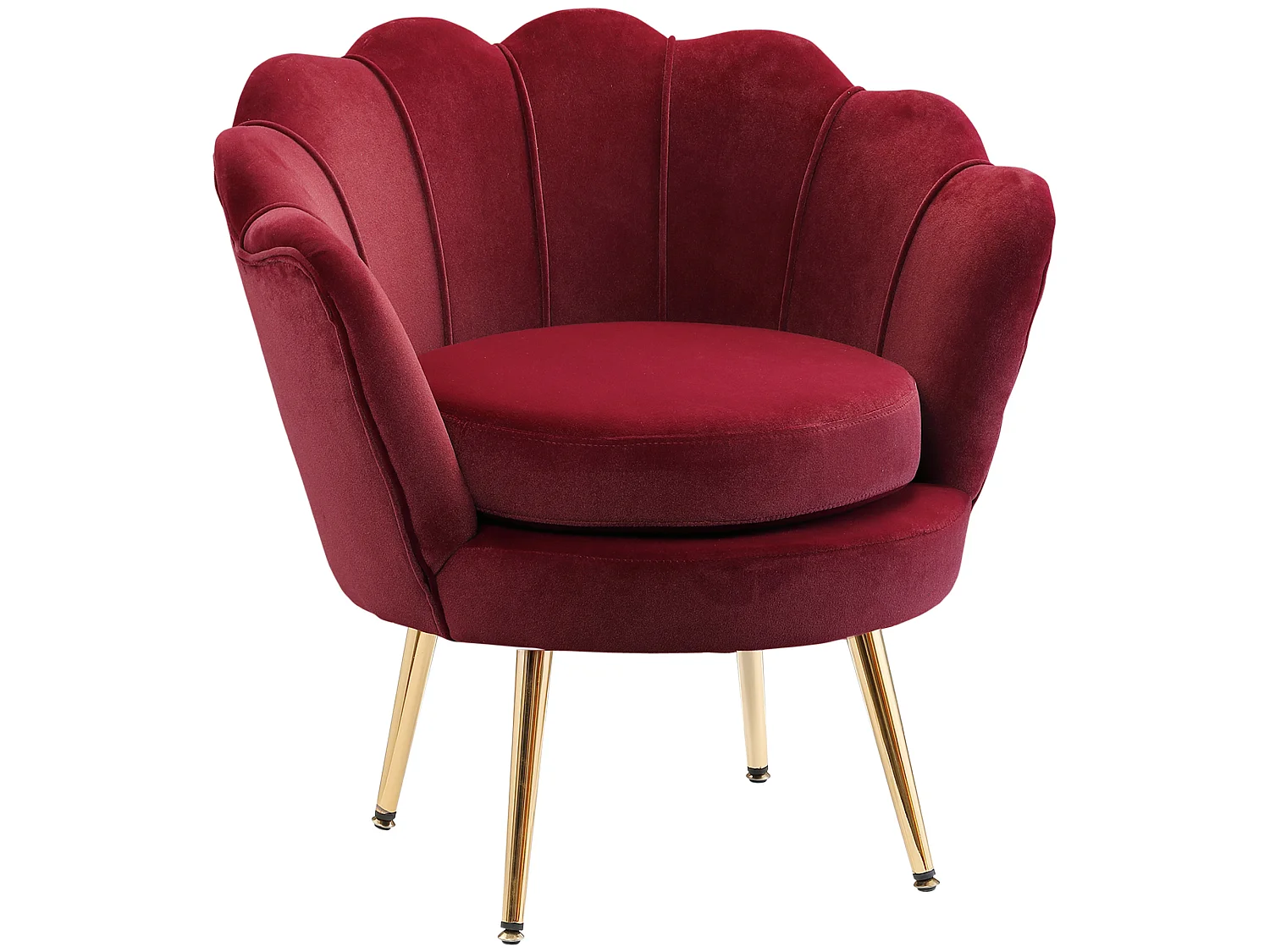 Fauteuil design coquillage pieds métal doré velours bordeaux