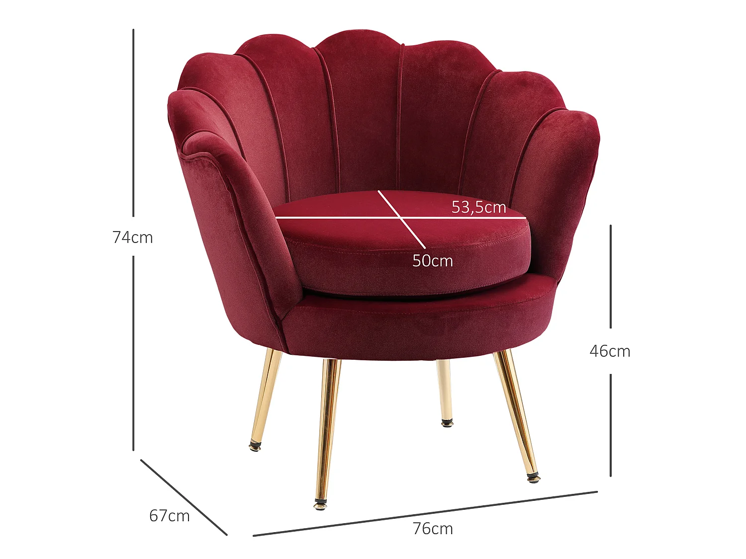 Fauteuil design coquillage pieds métal doré velours bordeaux