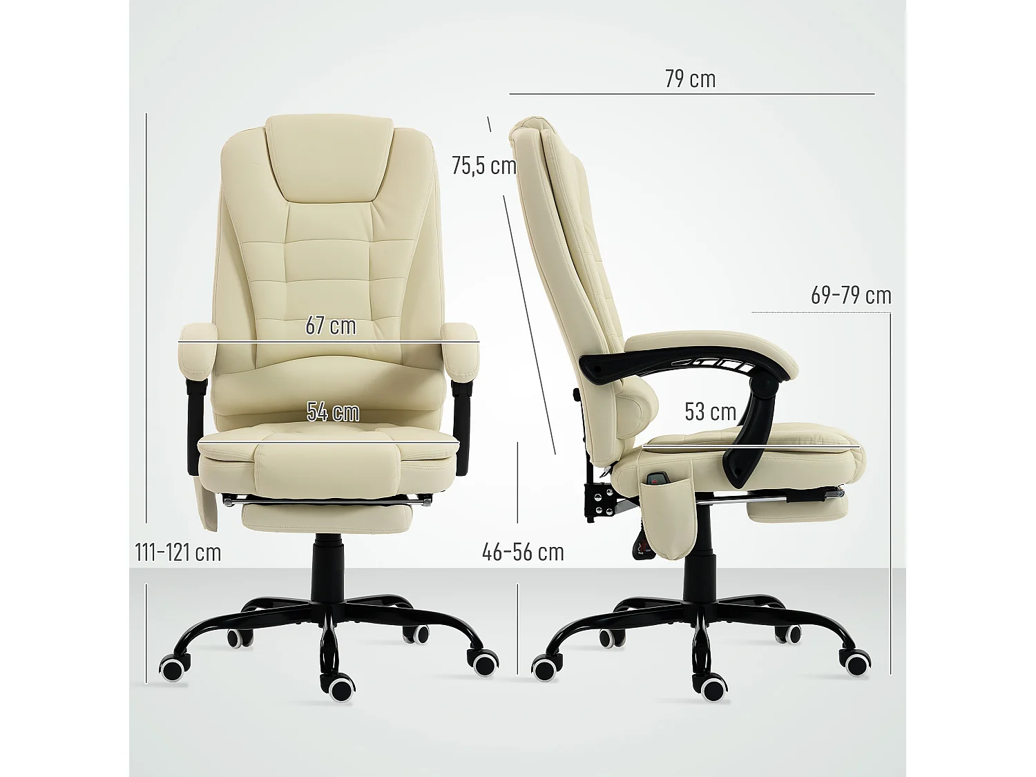 Fauteuil de bureau direction massant inclinable réglable repose-pied coussin lombaires synthétique beige