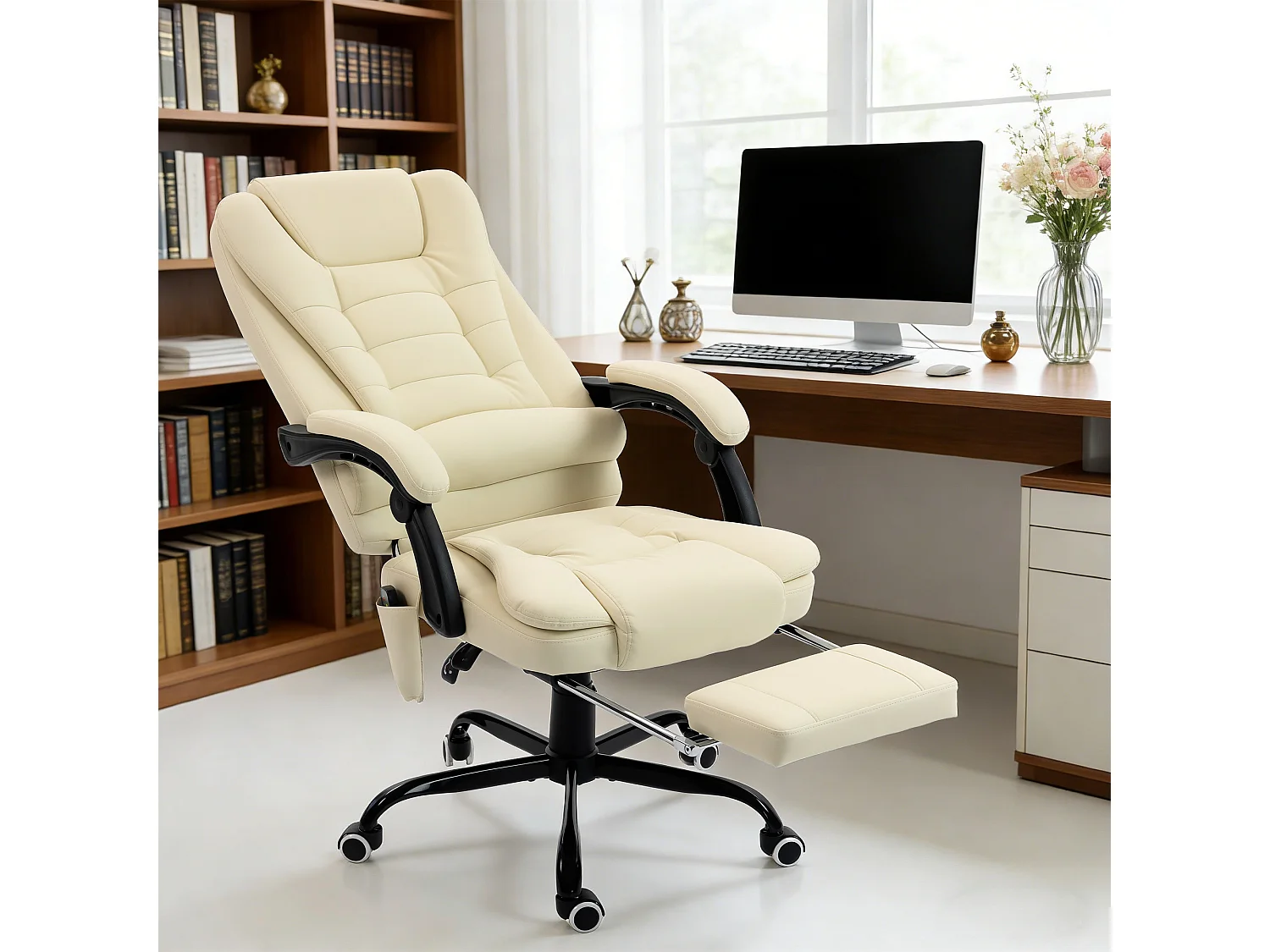 Fauteuil de bureau direction massant inclinable réglable repose-pied coussin lombaires synthétique beige