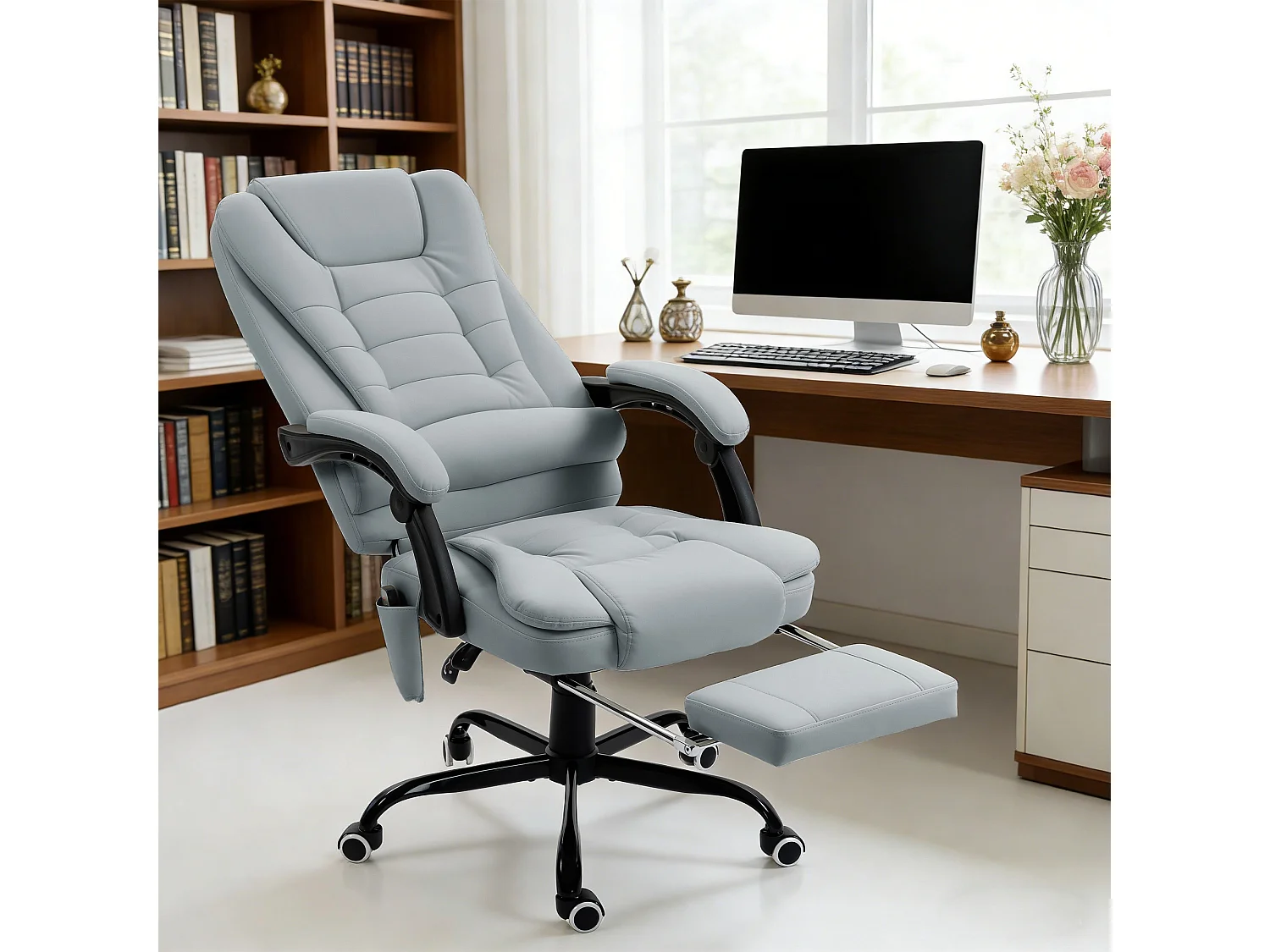 Fauteuil de bureau direction massant inclinable réglable repose-pied coussin lombaires synthétique gris
