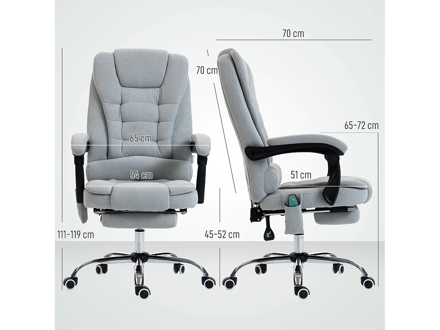 Fauteuil de bureau direction massant chauffant hauteur réglable dossier inclinable tissu gris clair