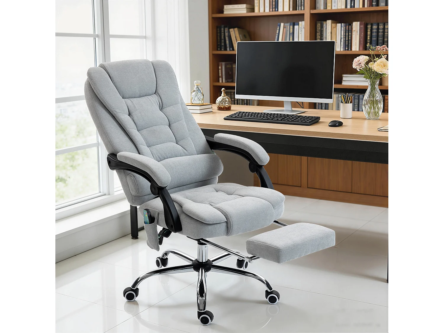 Fauteuil de bureau direction massant chauffant hauteur réglable dossier inclinable tissu gris clair