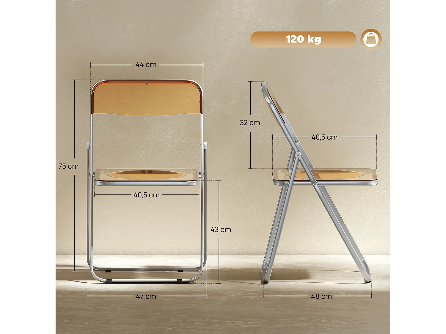 Lot de 4 chaises pliantes acier acrylique fumé
