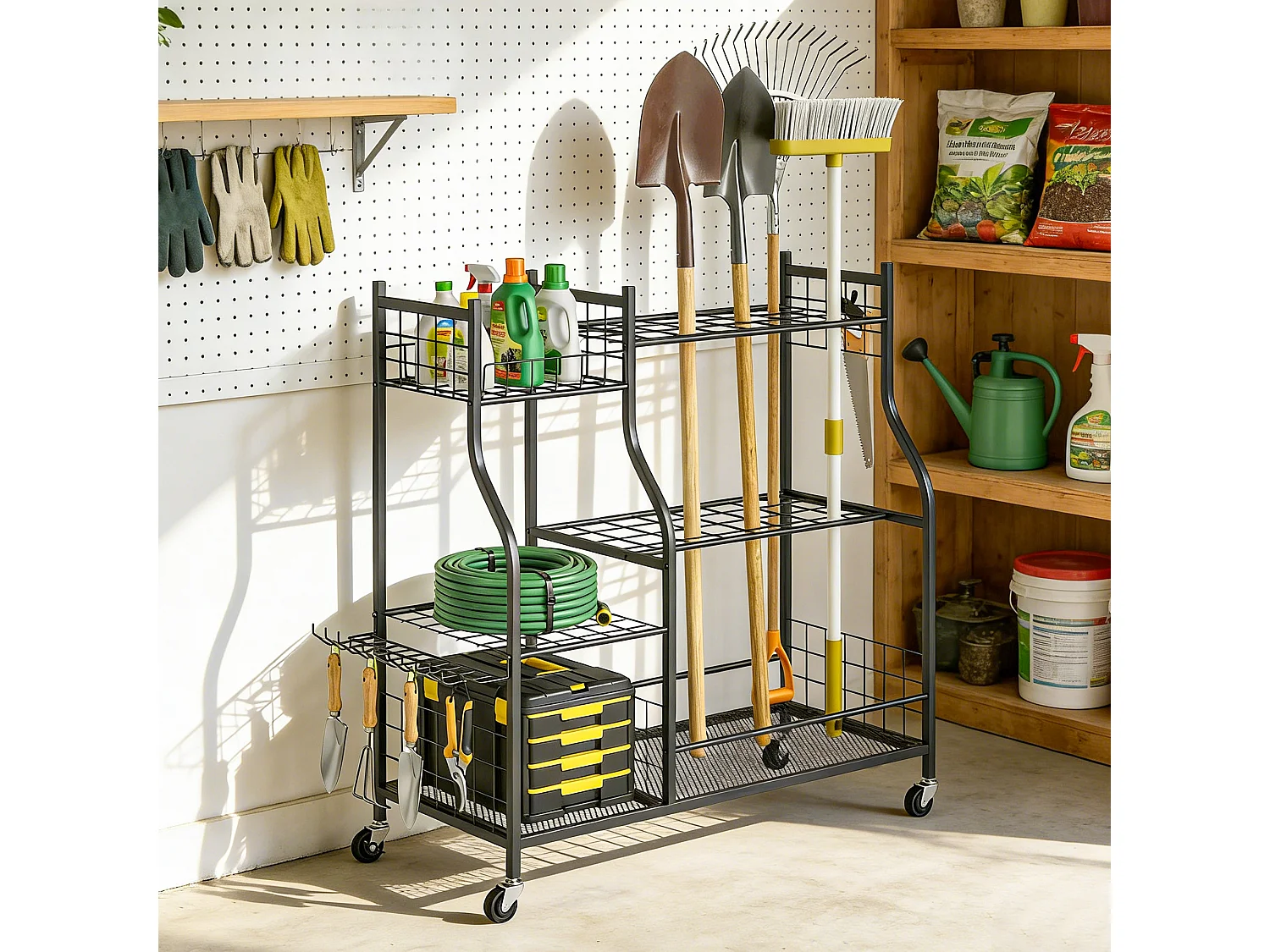 Organisateur d'outils de jardin - chariot de jardin - 11 crochets, 32 compartiments, 3 étagères - acier noir