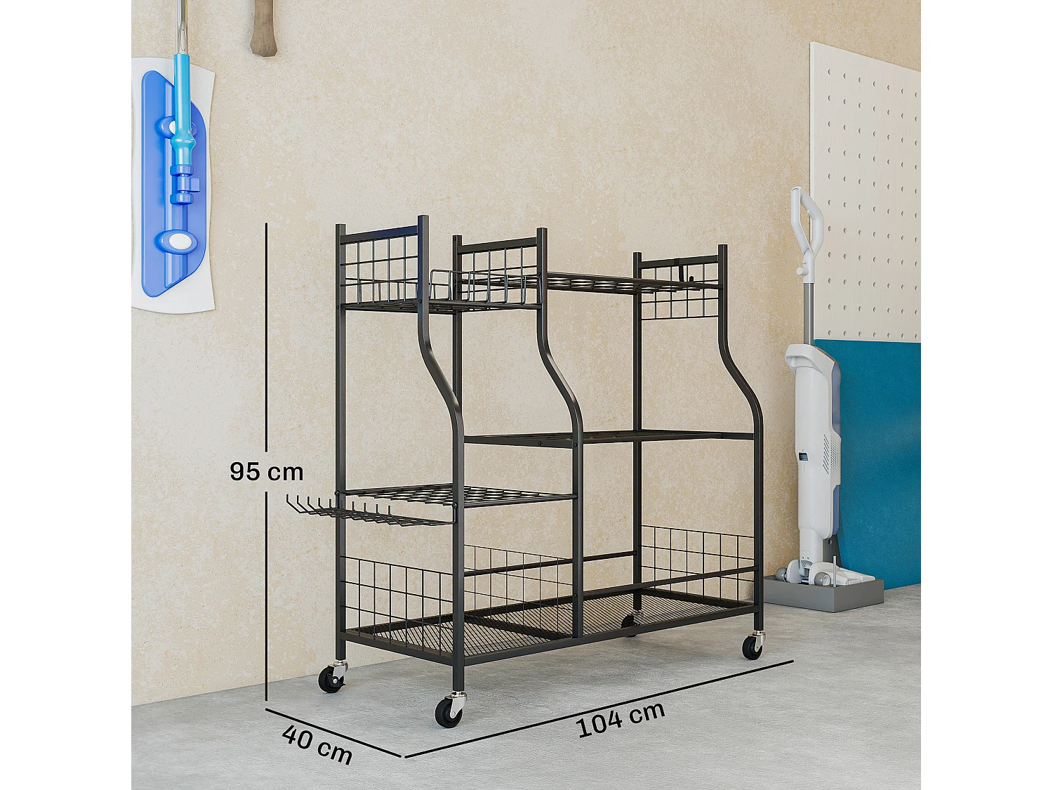 Organisateur d'outils de jardin - chariot de jardin - 11 crochets, 32 compartiments, 3 étagères - acier noir