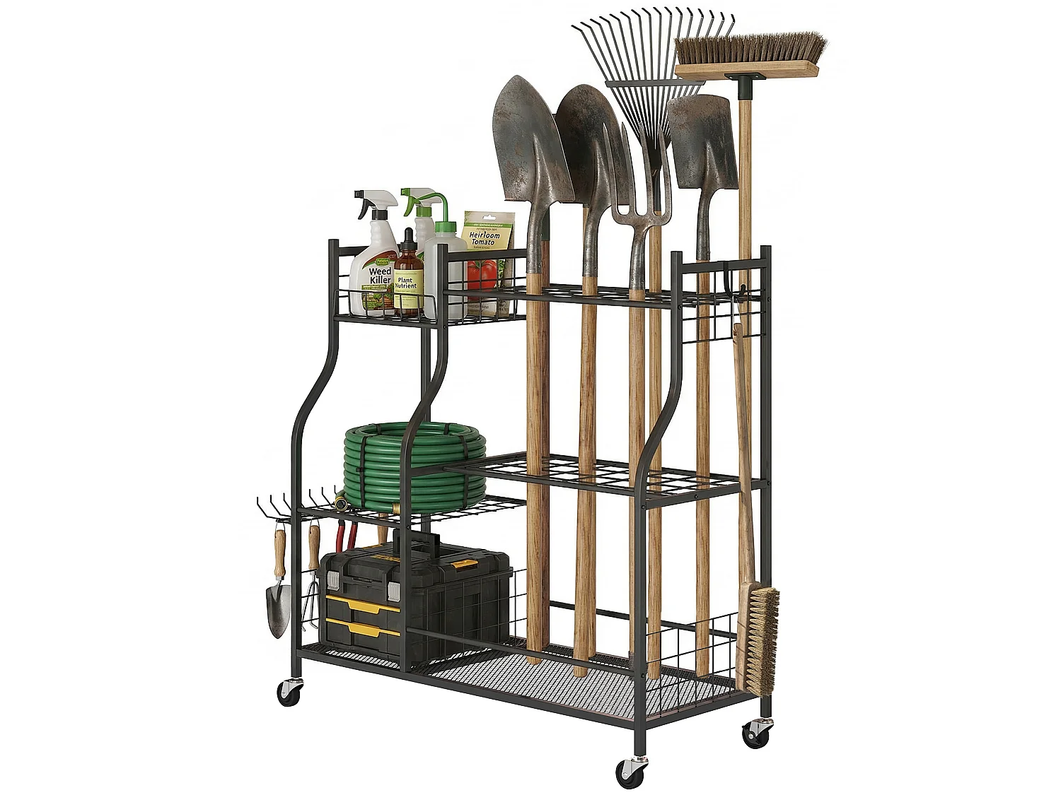 Organisateur d'outils de jardin - chariot de jardin - 11 crochets, 32 compartiments, 3 étagères - acier noir