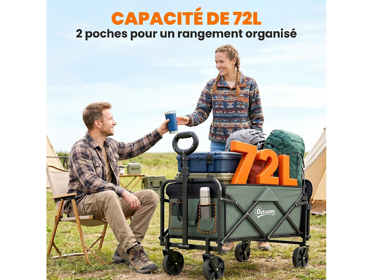 Chariot de transport jardin pliable - poignée télescopique, ouverture arrière, pochettes - acier noir tissu kaki