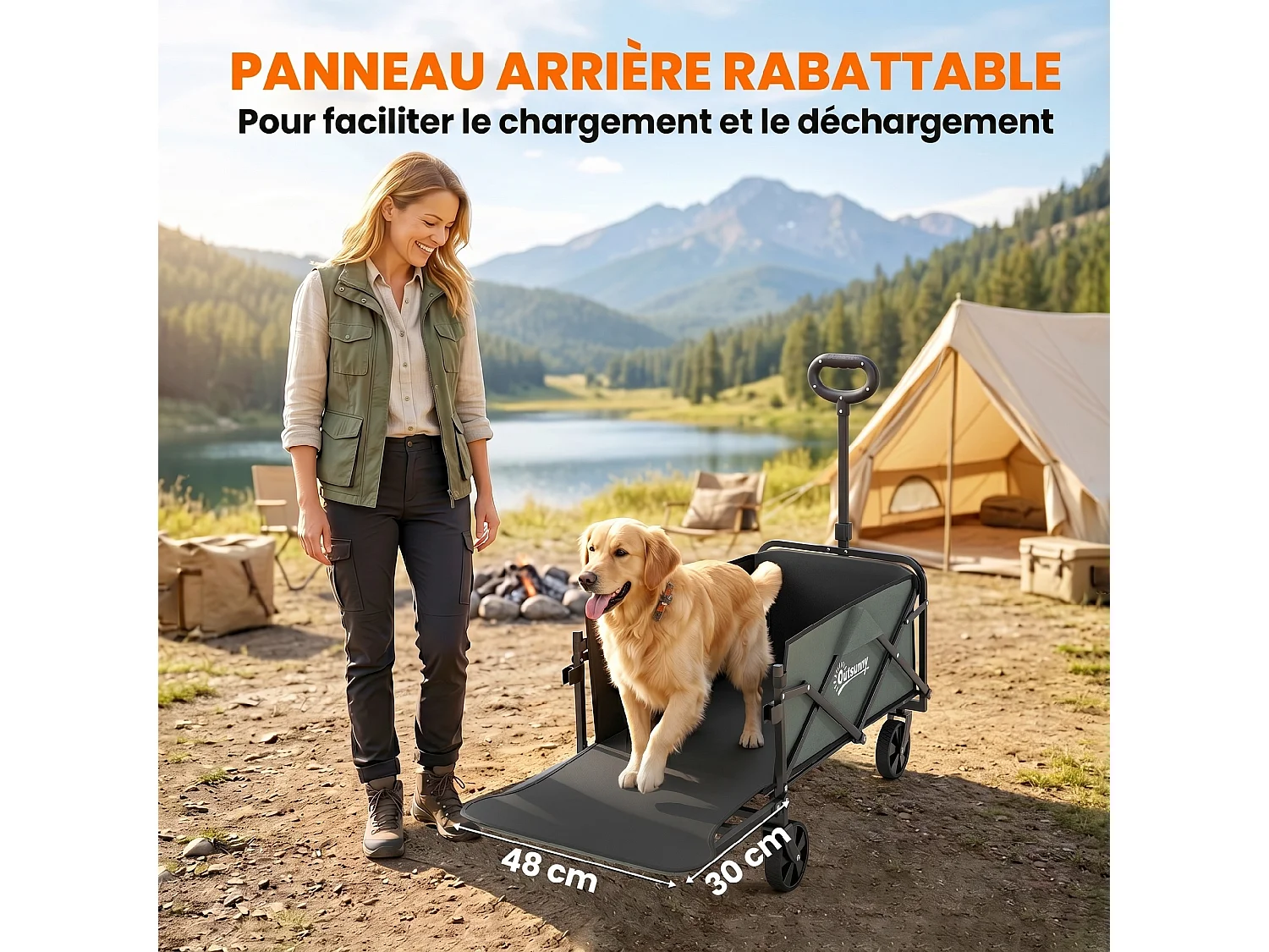 Chariot de transport jardin pliable - poignée télescopique, ouverture arrière, pochettes - acier noir tissu kaki