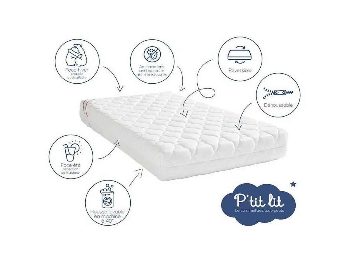P'TIT LIT Matelas Bébé Parfait 60 x 120 x 10 cm - Réversible Été/Hiver, Housse Déhoussable