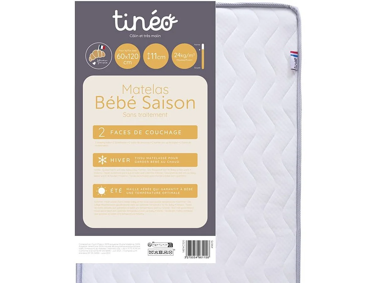 Matelas bébé TINEO 60 x 120 cm - 11 cm d'épaisseur, faces saisonnières