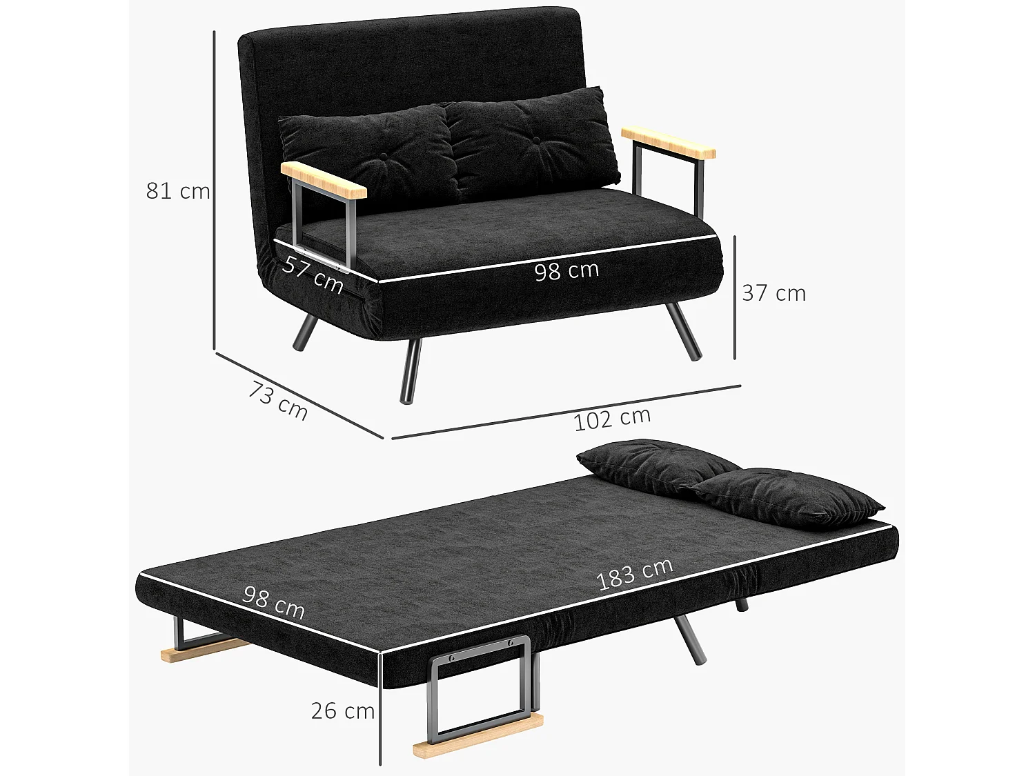 Canapé convertible 2 places canapé-lit dossier réglable 5 niv. 2 coussins revêtement effet velours noir