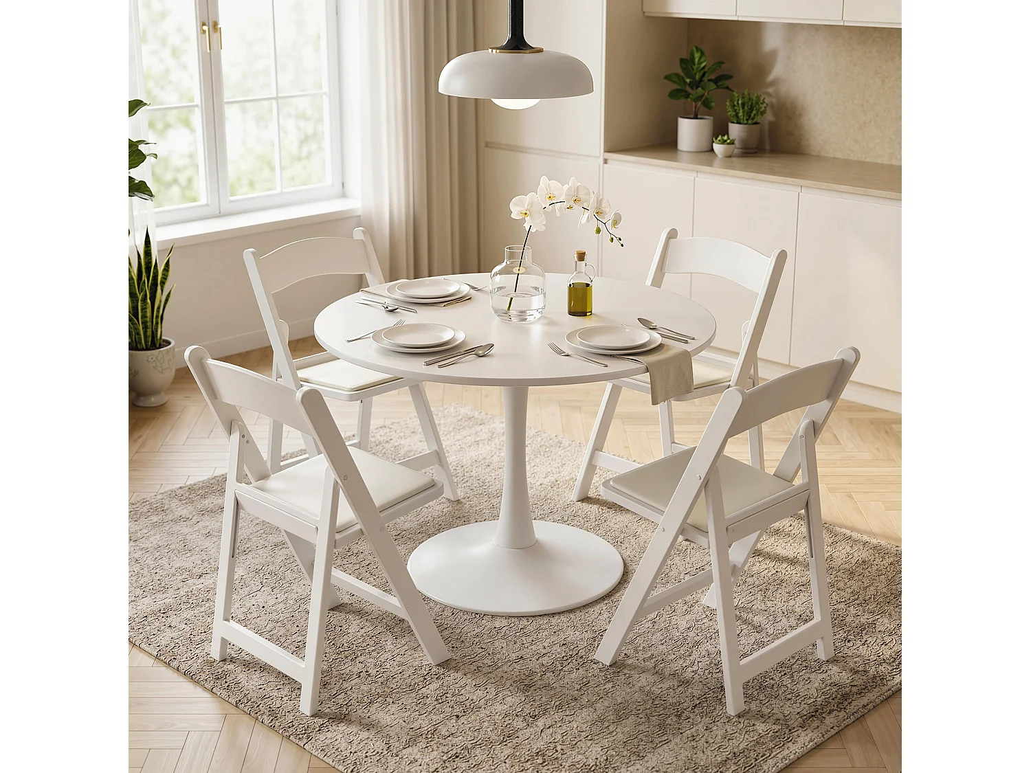 Lot de 4 chaises pliantes résine coussin revêtement synthétique blanc