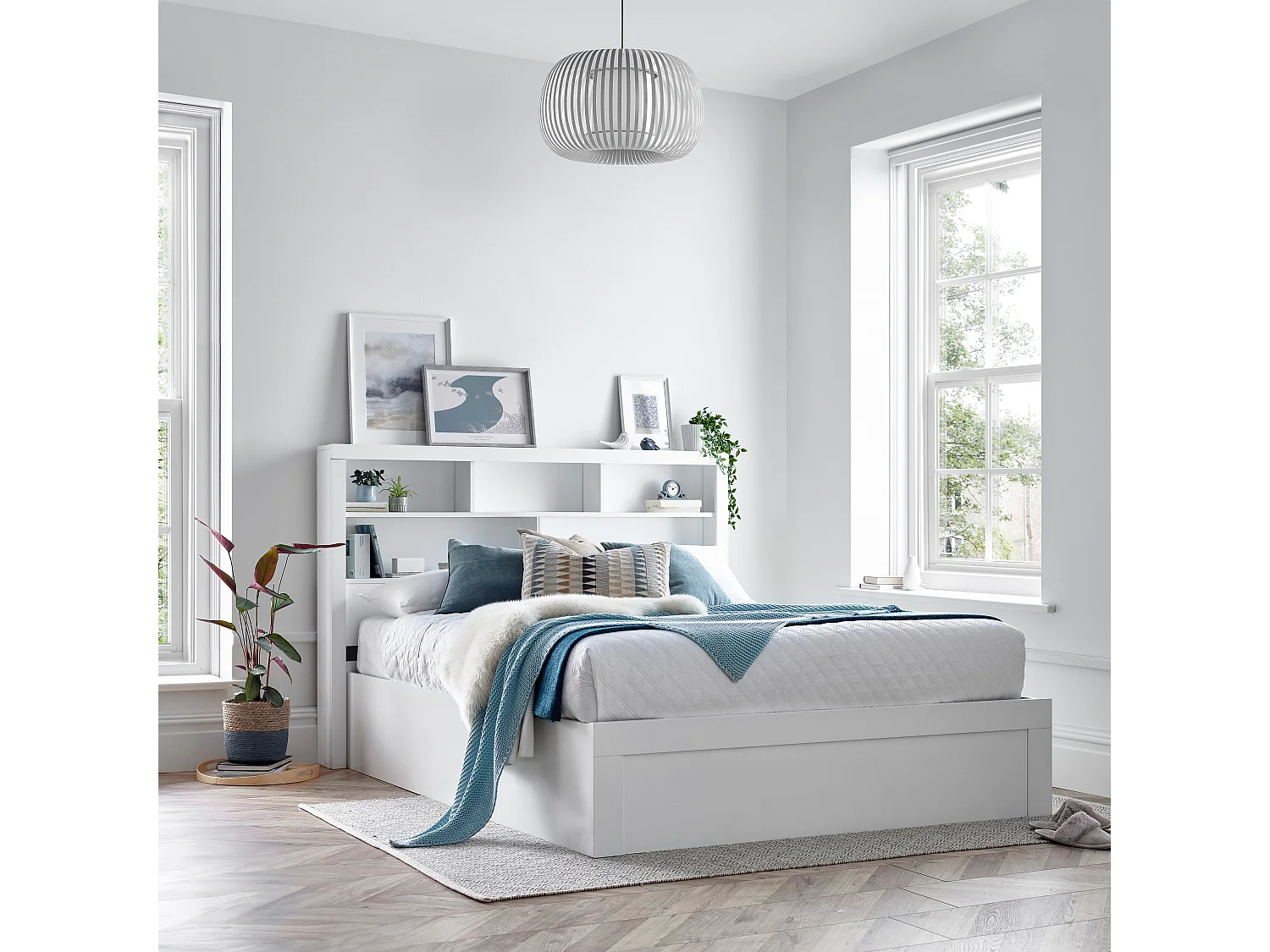 Arizona White Wooden Bookcase Ottoman Storage Bed Double