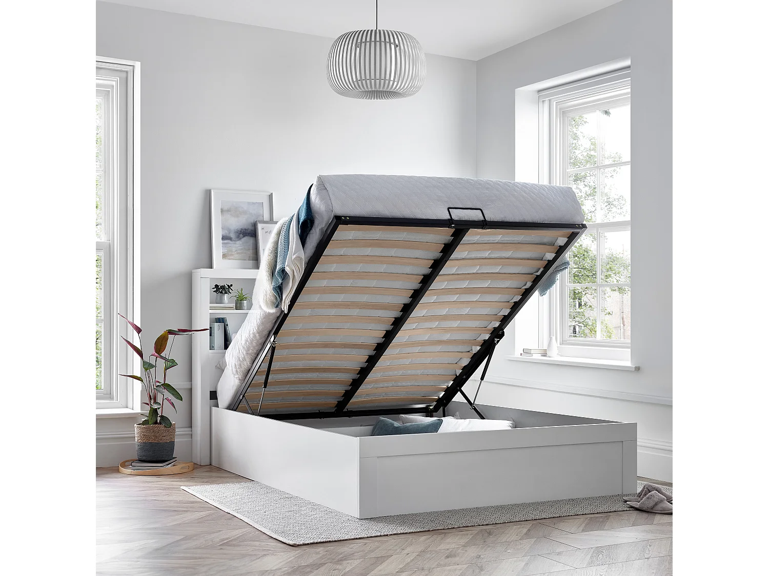 Arizona White Wooden Bookcase Ottoman Storage Bed Double