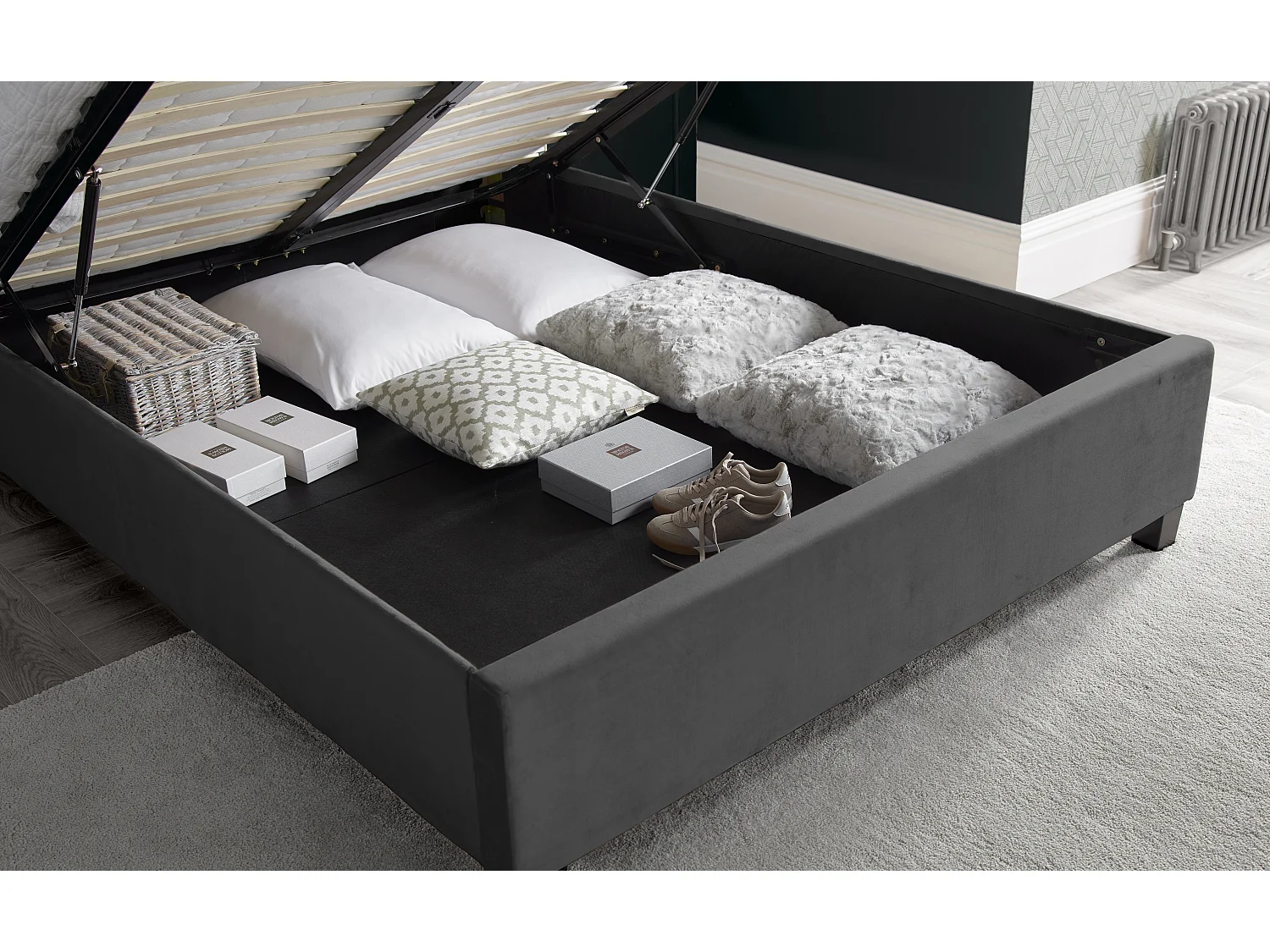 Aurora Grey Velvet Ottoman Bed Double