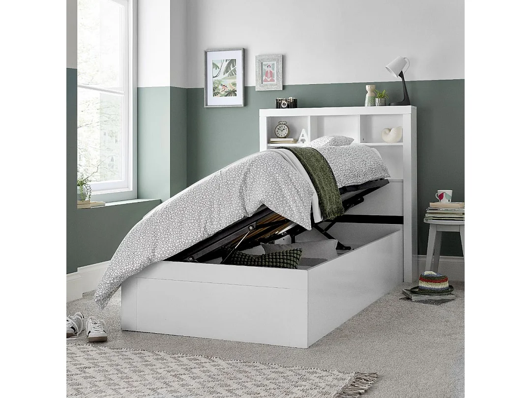 Oscar White Wooden Bookcase Ottoman Storage Bed Single