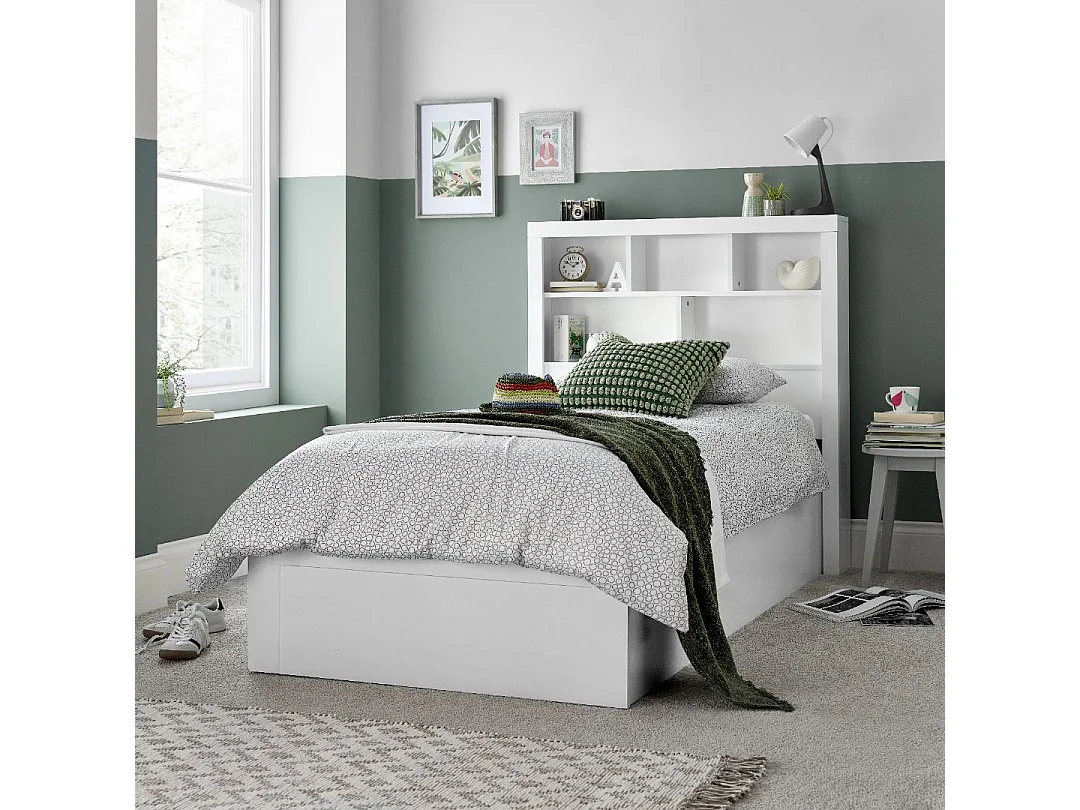 Oscar White Wooden Bookcase Ottoman Storage Bed Single