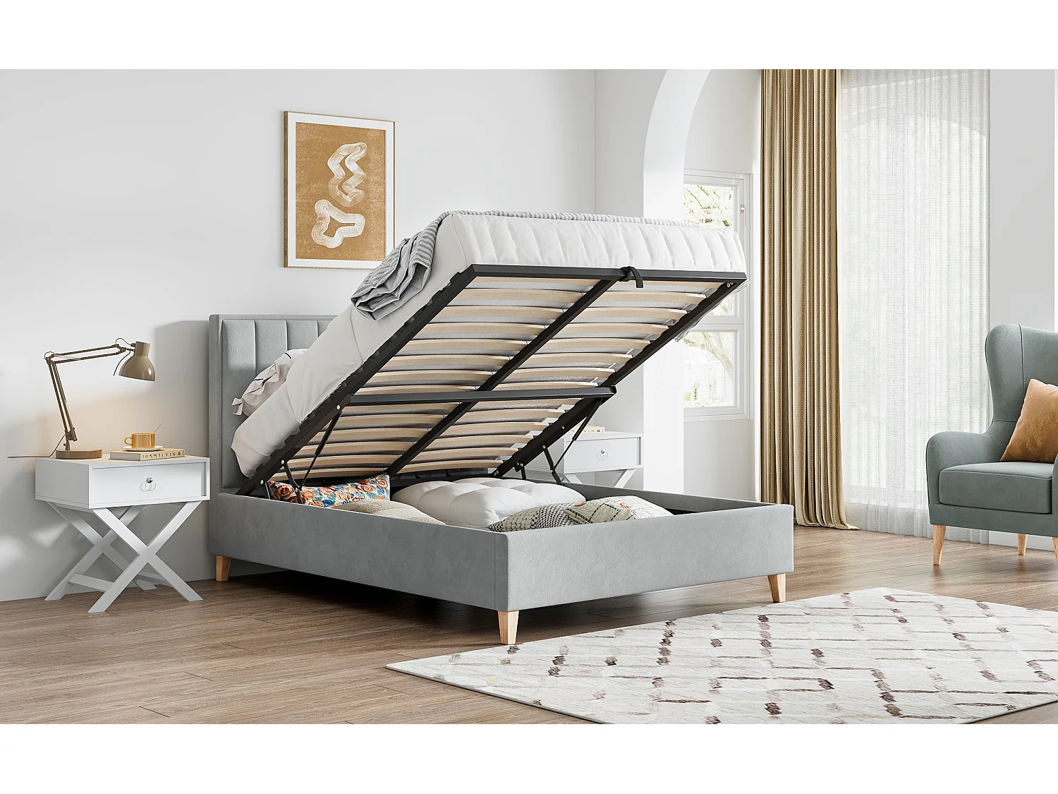 Rhodes Grey Velvet Ottoman Bed Double