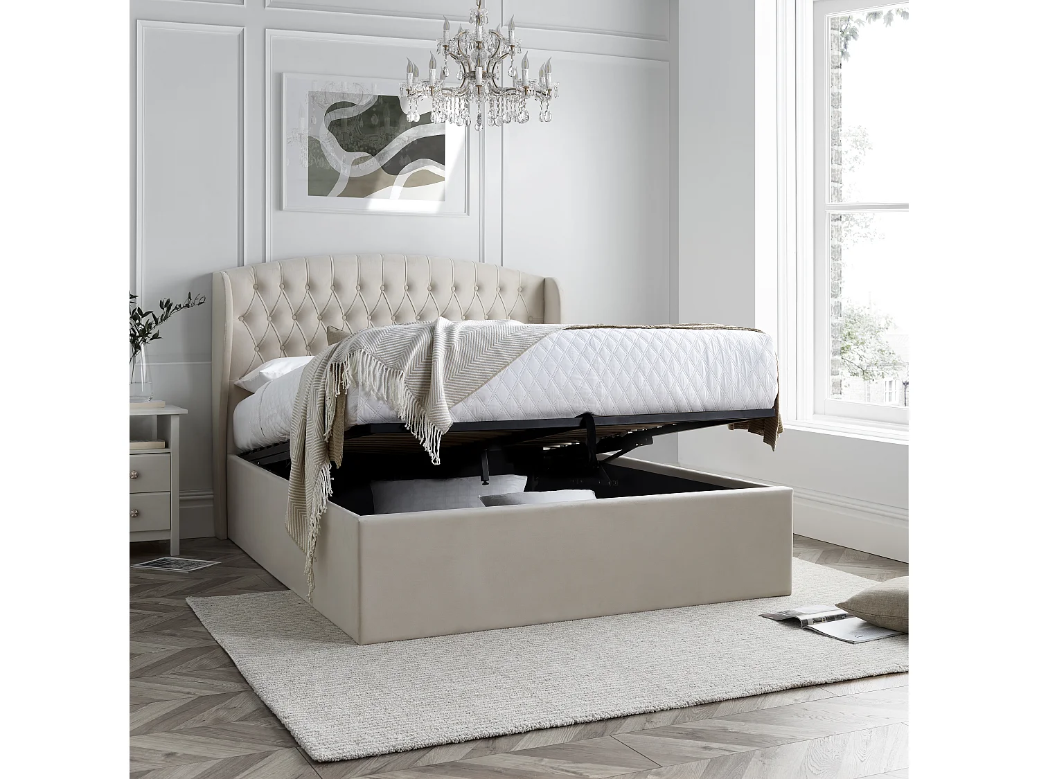 Warwick Natural Velvet Ottoman Bed King Size