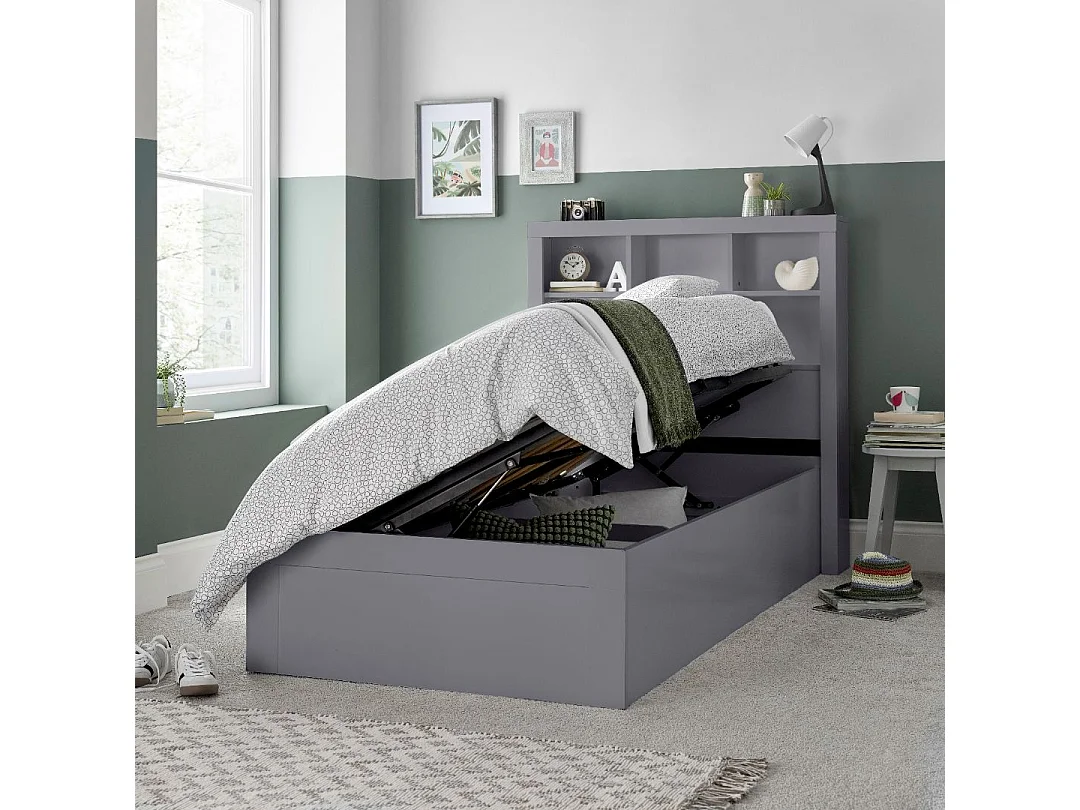 Oscar Grey Wooden Bookcase Ottoman Storage Bed Single