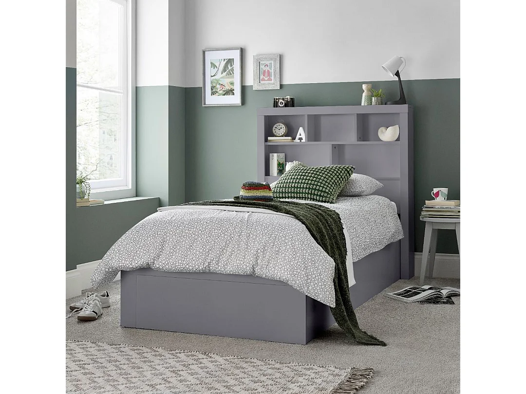 Oscar Grey Wooden Bookcase Ottoman Storage Bed Single