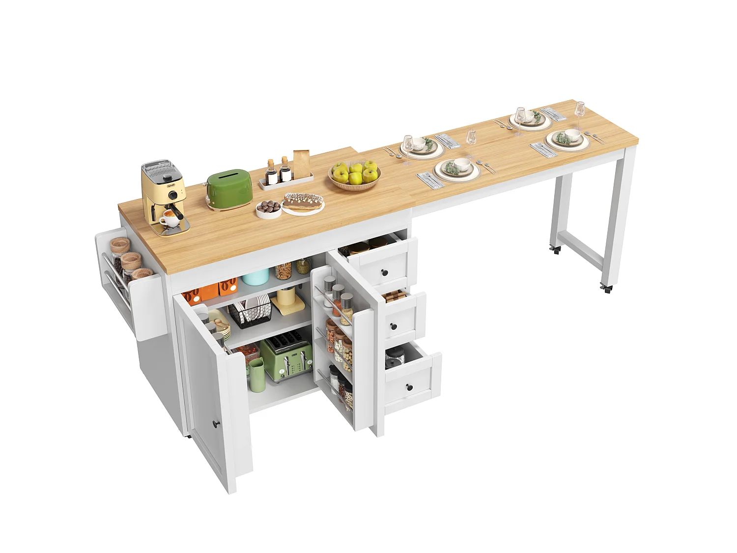 Rörlig köksö 116-179,5cm - Utdragbar serveringsvagn med förvaring, lådor, sidohyllor, modern design - Vit
