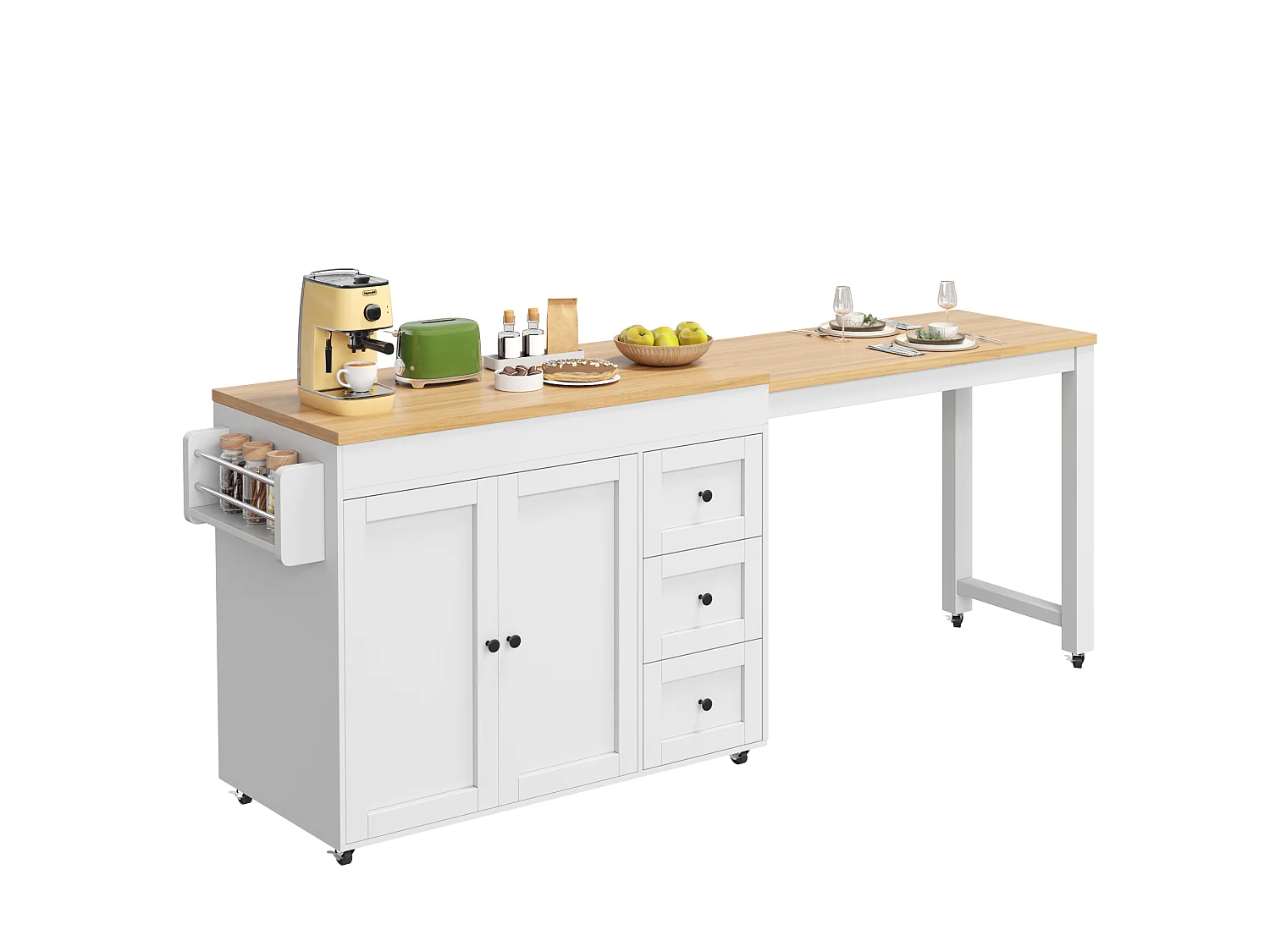 Rörlig köksö 116-179,5cm - Utdragbar serveringsvagn med förvaring, lådor, sidohyllor, modern design - Vit