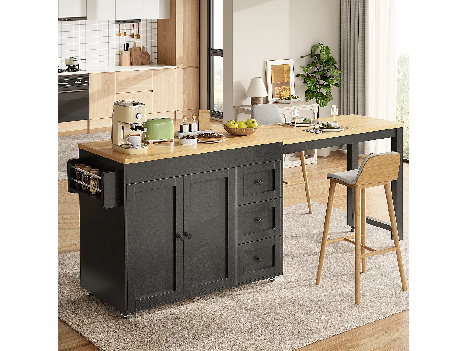 Rörlig köksö 116-179,5 cm - Utdragbar serveringsvagn med förvaring, lådor, sidohyllor, modern design - Svart