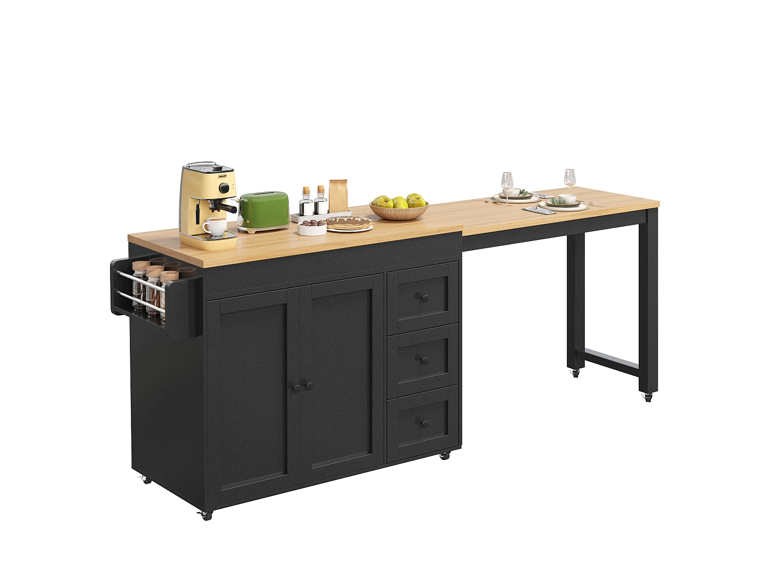 Rörlig köksö 116-179,5 cm - Utdragbar serveringsvagn med förvaring, lådor, sidohyllor, modern design - Svart