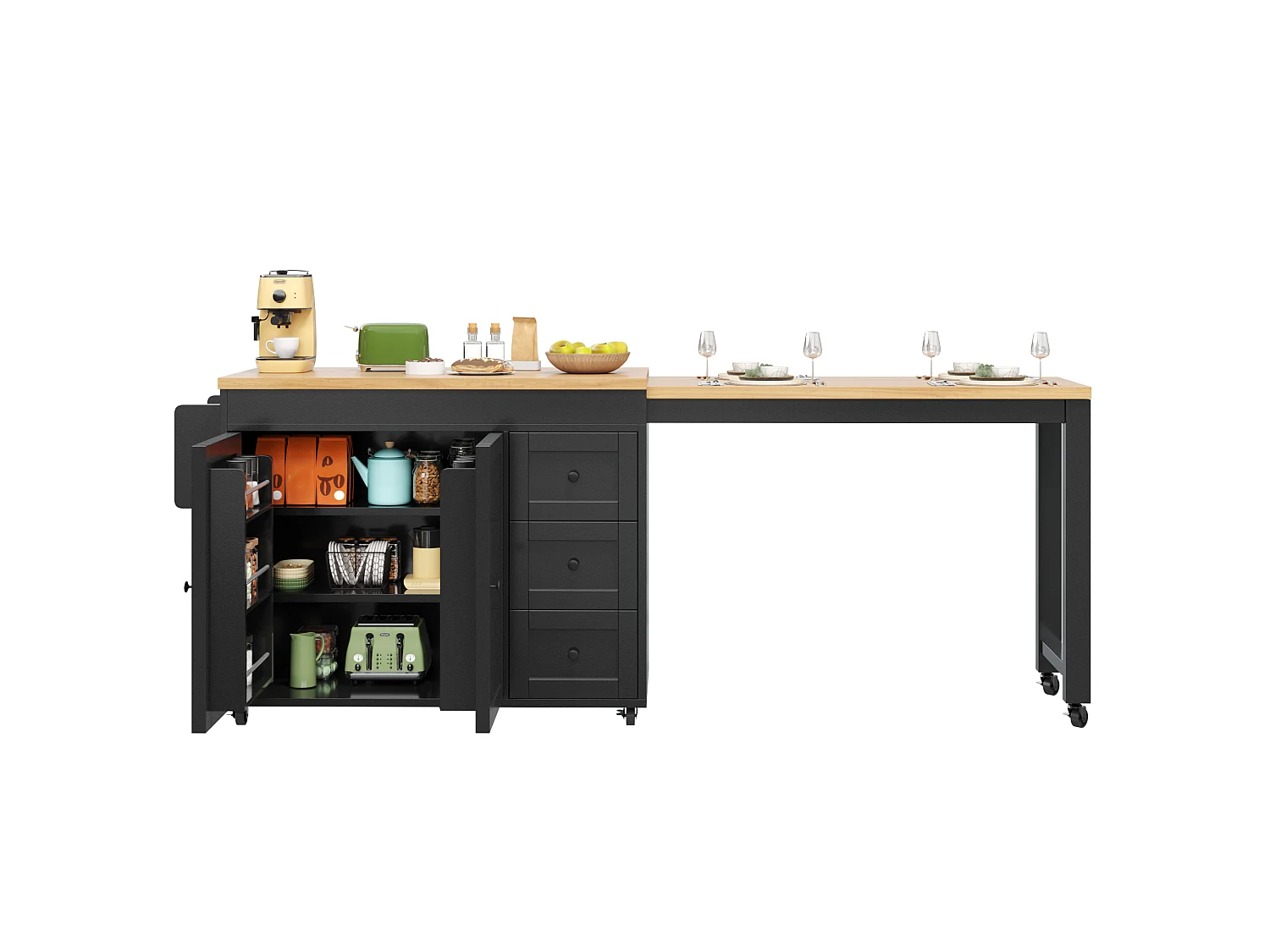 Rörlig köksö 116-179,5 cm - Utdragbar serveringsvagn med förvaring, lådor, sidohyllor, modern design - Svart
