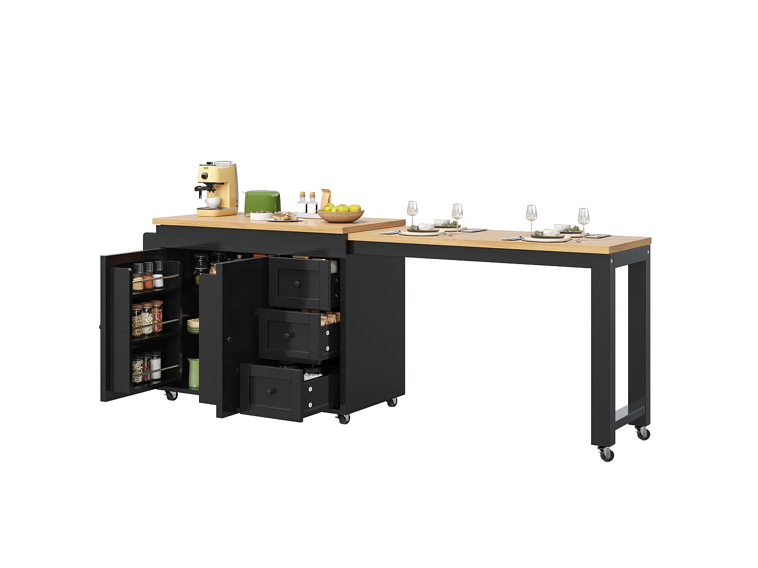 Rörlig köksö 116-179,5 cm - Utdragbar serveringsvagn med förvaring, lådor, sidohyllor, modern design - Svart