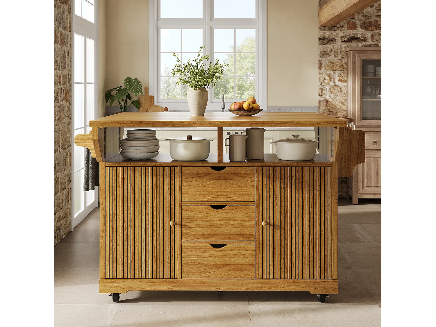 Mobile da Cucina 142.5cm - Isola Centrale con Prolunghe Ribaltabili, Altezza Ergonomica 95cm, Ripiano Integrato - marrone scuro