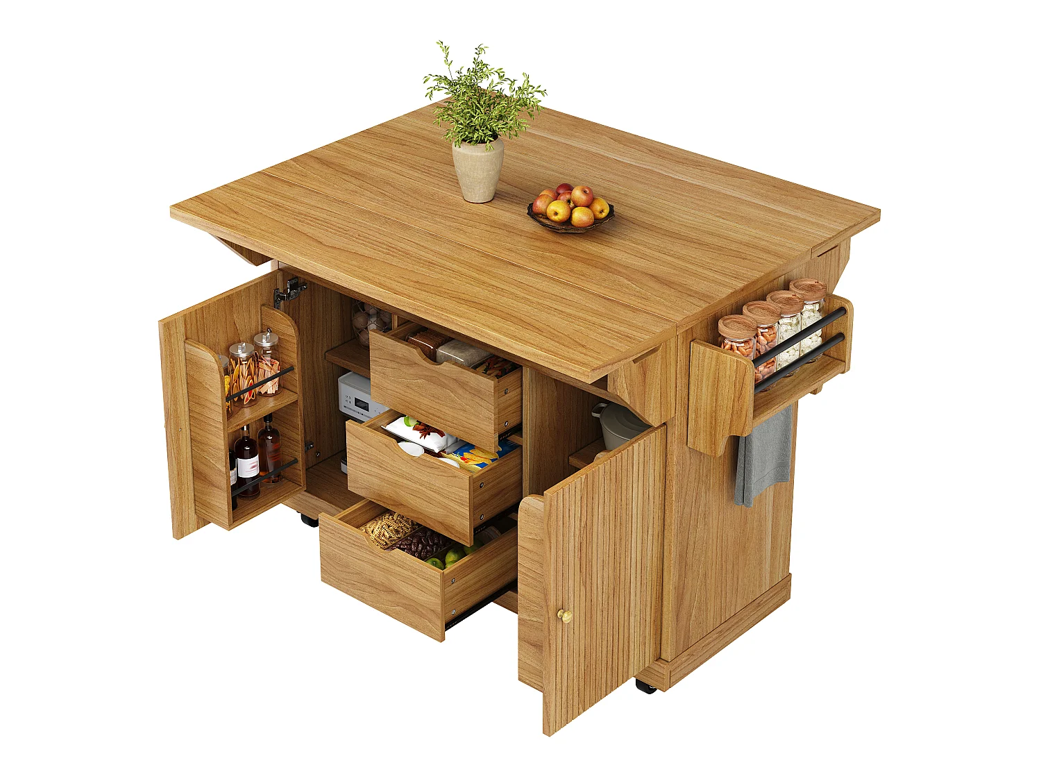 Mobile da Cucina 142.5cm - Isola Centrale con Prolunghe Ribaltabili, Altezza Ergonomica 95cm, Ripiano Integrato - marrone scuro