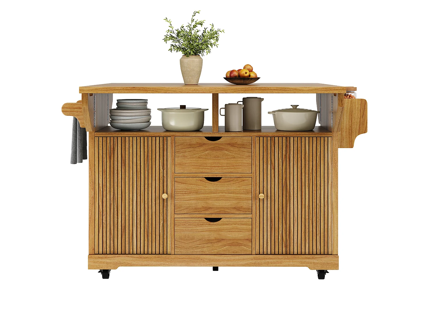 Mobile da Cucina 142.5cm - Isola Centrale con Prolunghe Ribaltabili, Altezza Ergonomica 95cm, Ripiano Integrato - marrone scuro