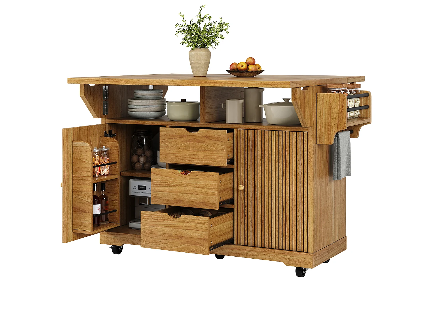 Mobile da Cucina 142.5cm - Isola Centrale con Prolunghe Ribaltabili, Altezza Ergonomica 95cm, Ripiano Integrato - marrone scuro