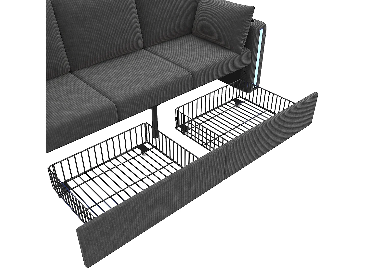 U- eller L-formad modulsoffa - med 2 förvaringspuffar - LED-belysning - mugghållare - USB/Type-C-portar och armstöd - lådor - grå