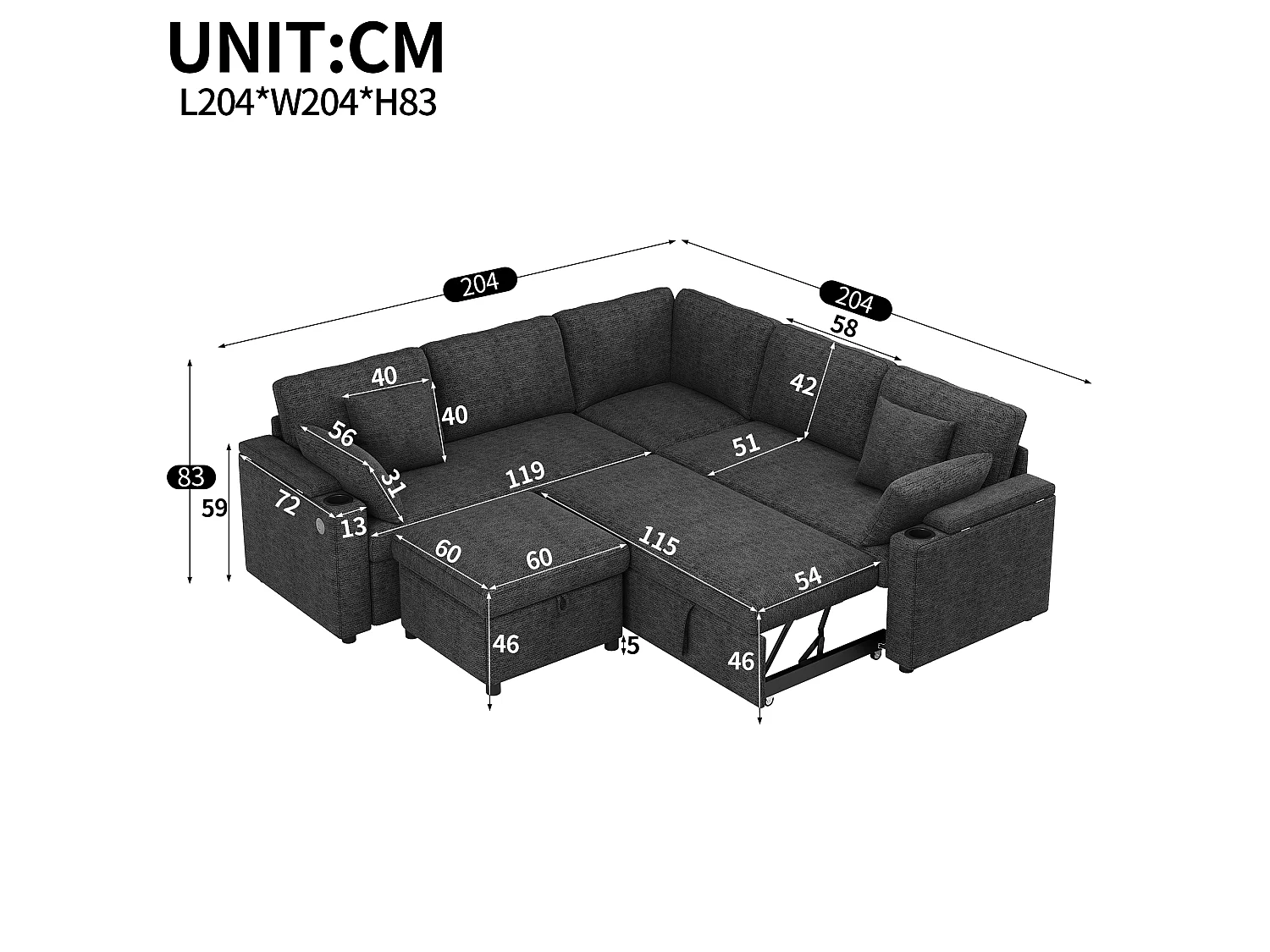 Divano angolare a L - con poggiapiedi contenitore - porta di ricarica USB/Type-C e portabicchiere - 2 cuscini lombari e 2 cuscini per schienale - beige