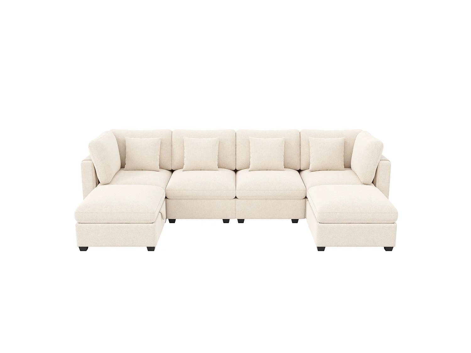 Canapé d'angle panoramique 6 places avec pouf en tissu beige
