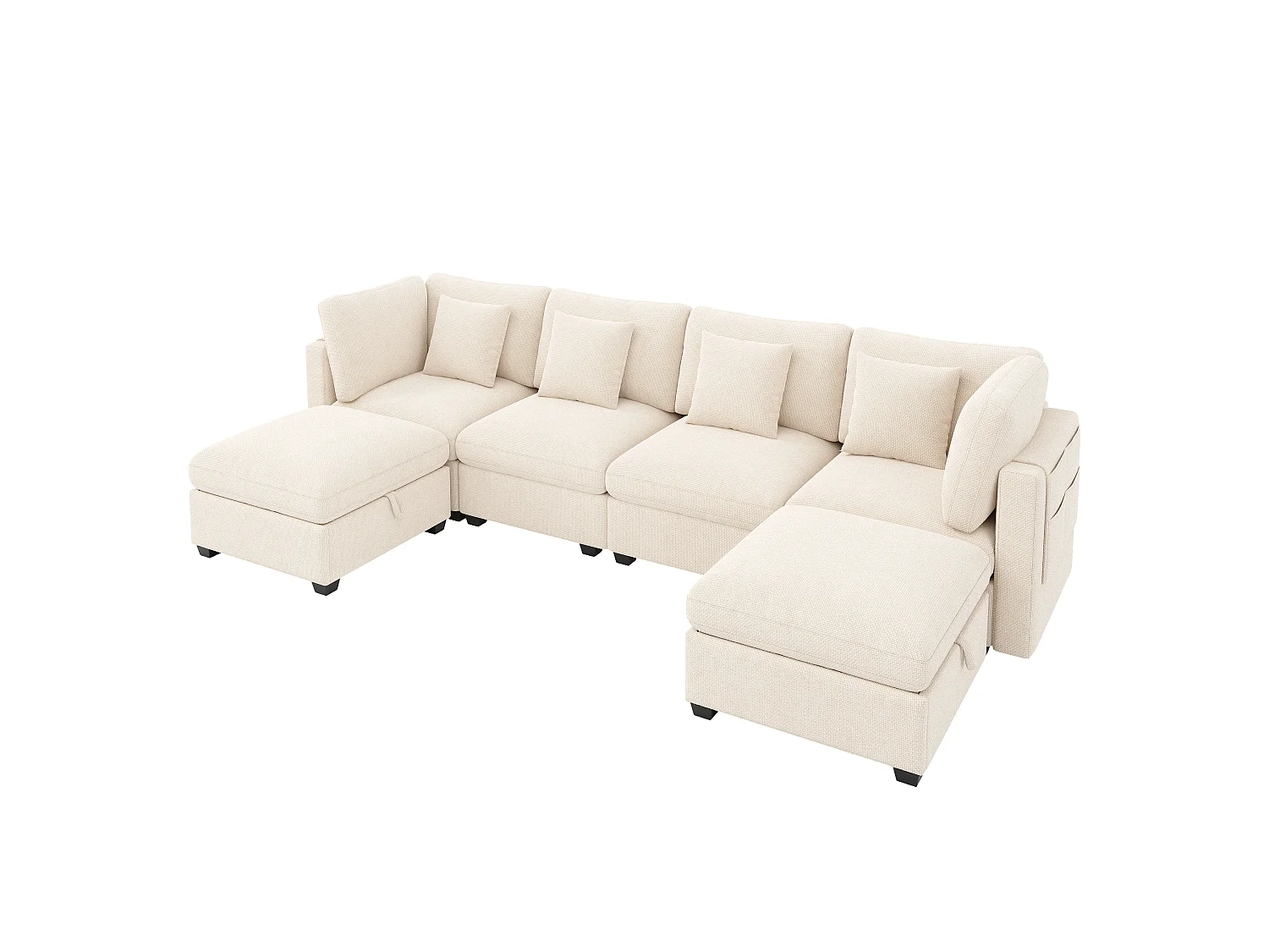 Canapé d'angle panoramique 6 places avec pouf en tissu beige