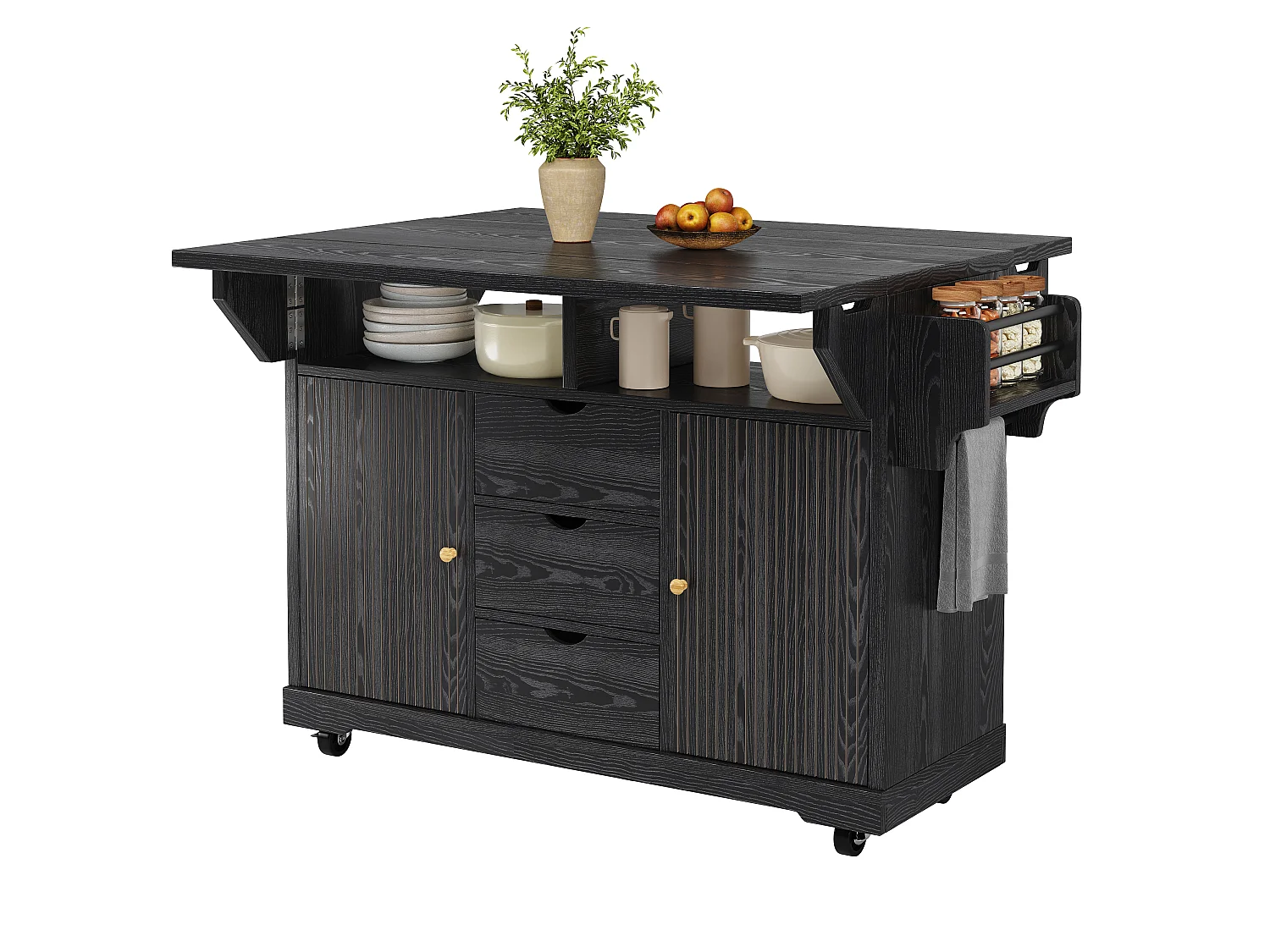 Mobile Kitchen Cart 142.5cm - Central Island with Foldable Extensions, Ergonomic Height 95cm, Integrated Storage - Black
