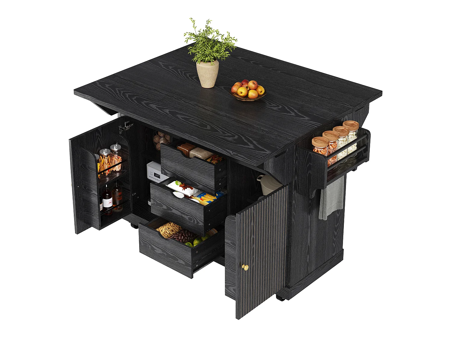 Mobile Kitchen Cart 142.5cm - Central Island with Foldable Extensions, Ergonomic Height 95cm, Integrated Storage - Black