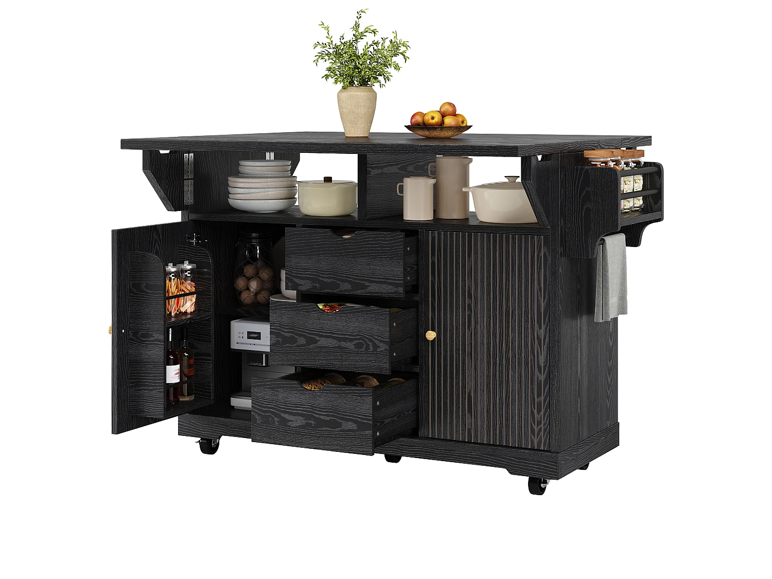 Mobile Kitchen Cart 142.5cm - Central Island with Foldable Extensions, Ergonomic Height 95cm, Integrated Storage - Black