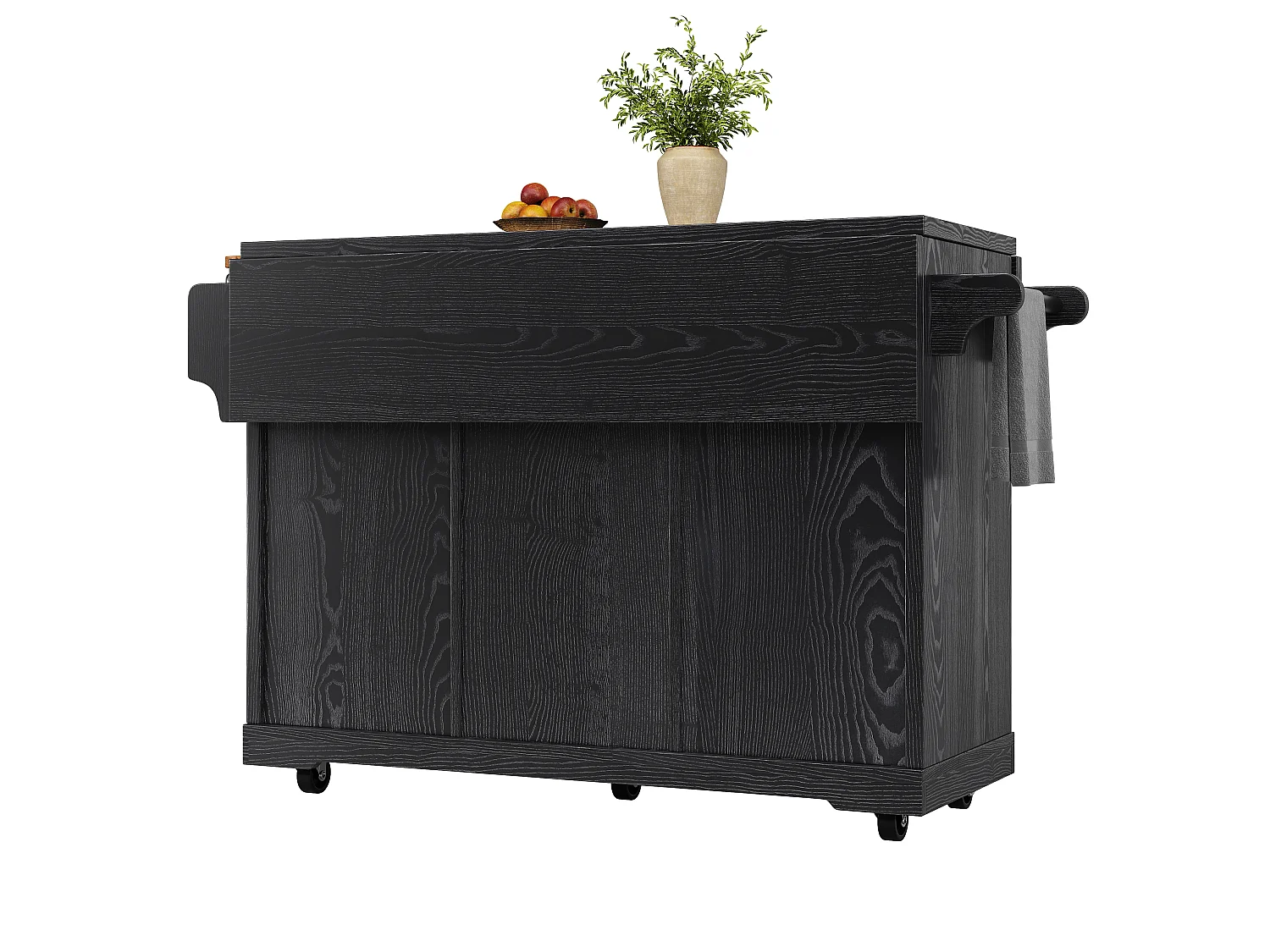 Mobile Kitchen Cart 142.5cm - Central Island with Foldable Extensions, Ergonomic Height 95cm, Integrated Storage - Black